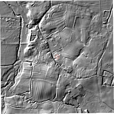 Shaded relief map of the ground around SY57PP, computed from Environment Agency LiDAR. The ground here sits at about 121 m above sea level and falls 17 m across the surrounding 800 m. Surface water reaching this point runs off ground lying to the east-south-east, 7.9 m higher.