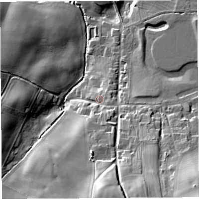 Shaded relief map of the ground around SY57PQ, computed from Environment Agency LiDAR. The ground here sits at about 114 m above sea level and falls 43 m across the surrounding 800 m. Surface water reaching this point runs off ground lying to the south-south-east, 25.7 m higher.