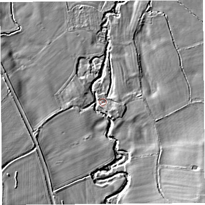 Shaded relief map of the ground around SY57QF, computed from Environment Agency LiDAR. The ground here sits at about 107 m above sea level and falls 15 m across the surrounding 800 m. Surface water reaching this point runs off ground lying to the south-south-east, 6.3 m higher.