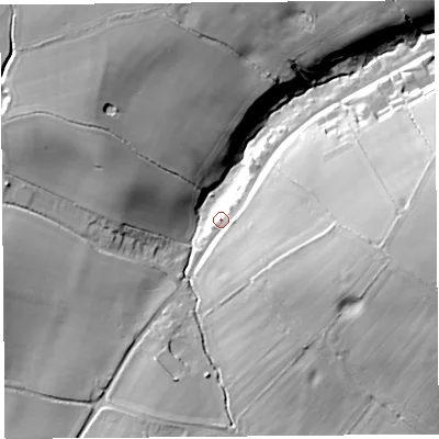 Shaded relief map of the ground around SY58AN, computed from Environment Agency LiDAR. The ground here sits at about 102 m above sea level and falls 30 m across the surrounding 800 m. Surface water reaching this point runs off ground lying to the east-south-east, 11.6 m higher.
