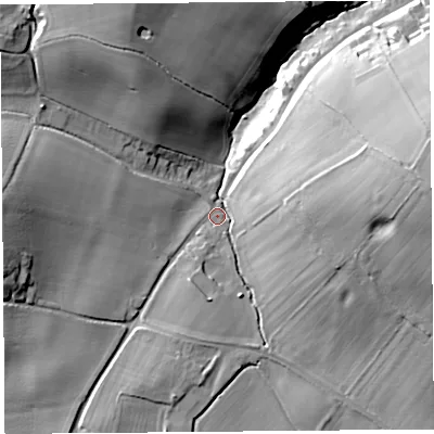 Shaded relief map of the ground around SY58AT, computed from Environment Agency LiDAR. The ground here sits at about 100 m above sea level and falls 27 m across the surrounding 800 m. Surface water reaching this point runs off ground lying to the east, 22.1 m higher.