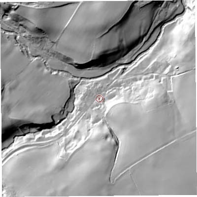 Shaded relief map of the ground around SY58BE, computed from Environment Agency LiDAR. The ground here sits at about 72 m above sea level and falls 47 m across the surrounding 800 m. Surface water reaching this point runs off ground lying to the south-east, 39.2 m higher.
