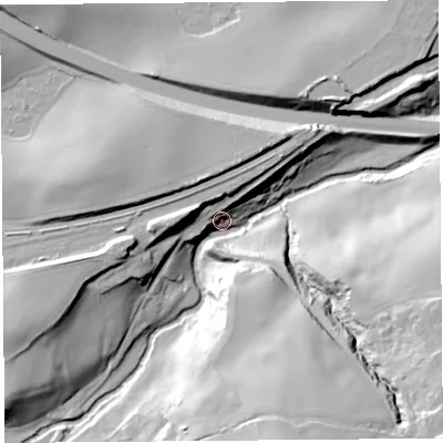 Shaded relief map of the ground around SY58BP, computed from Environment Agency LiDAR. The ground here sits at about 68 m above sea level and falls 34 m across the surrounding 800 m. Surface water reaching this point runs off ground lying to the south-south-east, 32.7 m higher.