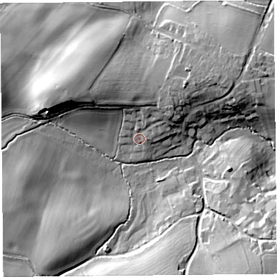 Shaded relief map of the ground around SY58EW, computed from Environment Agency LiDAR. The ground here sits at about 121 m above sea level and falls 25 m across the surrounding 800 m. Surface water reaching this point runs off ground lying to the north, 7.5 m higher.