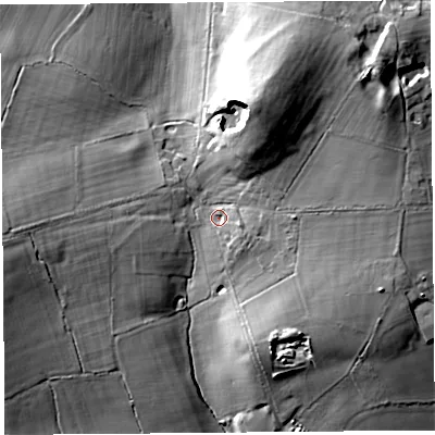 Shaded relief map of the ground around SY58HB, computed from Environment Agency LiDAR. The ground here sits at about 127 m above sea level and falls 25 m across the surrounding 800 m. Surface water reaching this point runs off ground lying to the north-north-east, 15.9 m higher.