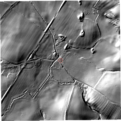 Shaded relief map of the ground around SY58JD, computed from Environment Agency LiDAR. The ground here sits at about 85 m above sea level and falls 30 m across the surrounding 800 m. Surface water reaching this point runs off ground lying to the south-east, 20.5 m higher.