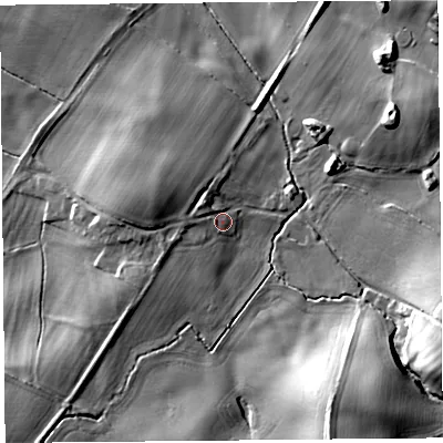 Shaded relief map of the ground around SY58JE, computed from Environment Agency LiDAR. The ground here sits at about 86 m above sea level and falls 19 m across the surrounding 800 m. Surface water reaching this point runs off ground lying to the north-west, 2.7 m higher.
