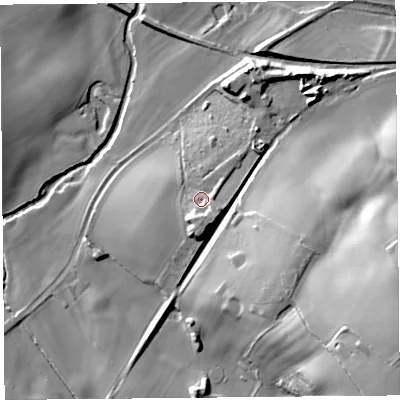 Shaded relief map of the ground around SY58JG, computed from Environment Agency LiDAR. The ground here sits at about 89 m above sea level and falls 43 m across the surrounding 800 m. Surface water reaching this point runs off ground lying to the south, 7.6 m higher.