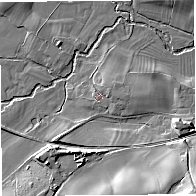Shaded relief map of the ground around SY58JN, computed from Environment Agency LiDAR. The ground here sits at about 80 m above sea level and falls 31 m across the surrounding 800 m. Surface water reaching this point runs off ground lying to the east-north-east, 3.3 m higher.