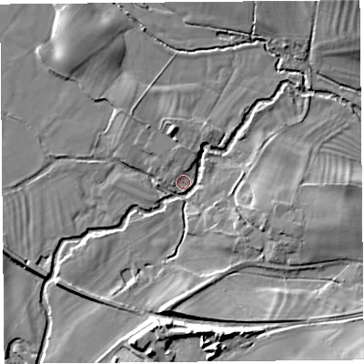 Shaded relief map of the ground around SY58JW, computed from Environment Agency LiDAR. The ground here sits at about 76 m above sea level and falls 17 m across the surrounding 800 m. Surface water reaching this point runs off ground lying to the south, 16.2 m higher.