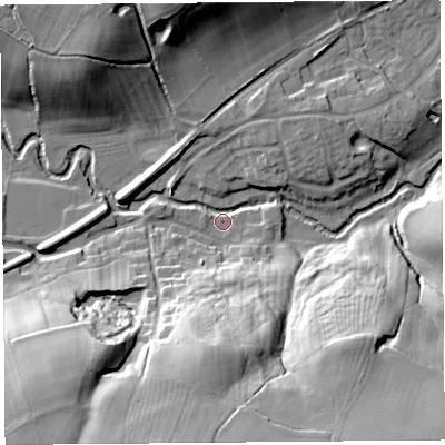 Shaded relief map of the ground around SY58LA, computed from Environment Agency LiDAR. The ground here sits at about 75 m above sea level and falls 41 m across the surrounding 800 m. Surface water reaching this point runs off ground lying to the south-west, 39.4 m higher.