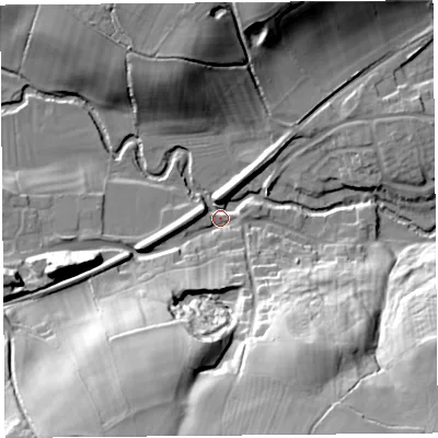 Shaded relief map of the ground around SY58LF, computed from Environment Agency LiDAR. The ground here sits at about 75 m above sea level and falls 40 m across the surrounding 800 m. Surface water reaching this point runs off ground lying to the south-south-west, 39.2 m higher.