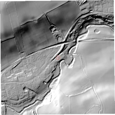Shaded relief map of the ground around SY58LR, computed from Environment Agency LiDAR. The ground here sits at about 74 m above sea level and falls 53 m across the surrounding 800 m. Surface water reaching this point runs off ground lying to the north-west, 47.5 m higher.
