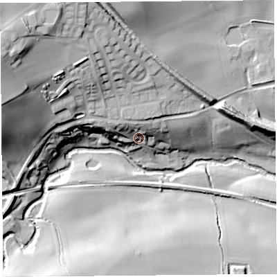 Shaded relief map of the ground around SY58LT, computed from Environment Agency LiDAR. The ground here sits at about 80 m above sea level and falls 42 m across the surrounding 800 m. Surface water reaching this point runs off ground lying to the north-north-west, 11.9 m higher.