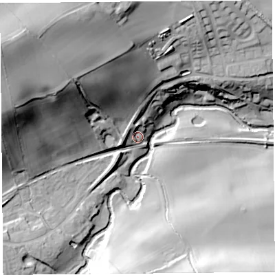 Shaded relief map of the ground around SY58LY, computed from Environment Agency LiDAR. The ground here sits at about 75 m above sea level and falls 53 m across the surrounding 800 m. Surface water reaching this point runs off ground lying to the north-west, 8.3 m higher.