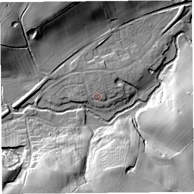 Shaded relief map of the ground around SY58NG, computed from Environment Agency LiDAR. The ground here sits at about 78 m above sea level and falls 35 m across the surrounding 800 m. Surface water reaching this point runs off ground lying to the north, 4.2 m higher.