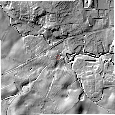 Shaded relief map of the ground around SY58QP, computed from Environment Agency LiDAR. The ground here sits at about 73 m above sea level and falls 17 m across the surrounding 800 m. Surface water reaching this point runs off ground lying to the south-west, 5.7 m higher.