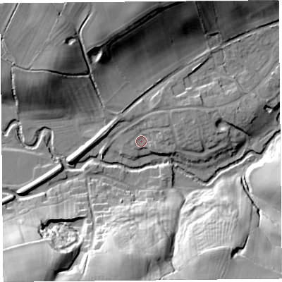 Shaded relief map of the ground around SY58RB, computed from Environment Agency LiDAR. The ground here sits at about 75 m above sea level and falls 35 m across the surrounding 800 m. Surface water reaching this point runs off ground lying to the east-north-east, 5.1 m higher.