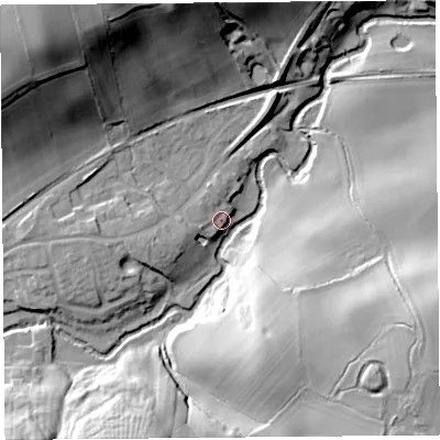 Shaded relief map of the ground around SY58RG, computed from Environment Agency LiDAR. The ground here sits at about 75 m above sea level and falls 45 m across the surrounding 800 m. Surface water reaching this point runs off ground lying to the west-south-west, 6.6 m higher.