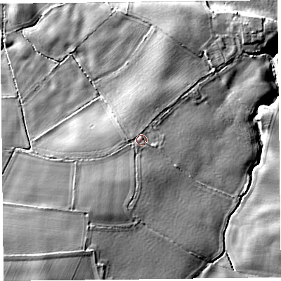 Shaded relief map of the ground around SY59AF, computed from Environment Agency LiDAR. The ground here sits at about 64 m above sea level and falls 16 m across the surrounding 800 m. Surface water reaching this point runs off ground lying to the south-south-west, 3.8 m higher.