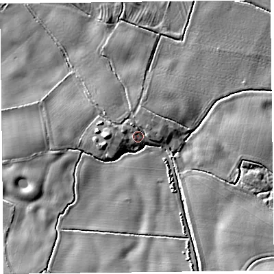 Shaded relief map of the ground around SY59AL, computed from Environment Agency LiDAR. The ground here sits at about 64 m above sea level and falls 13 m across the surrounding 800 m. Surface water reaching this point runs off ground lying to the north-north-west, 2.5 m higher.