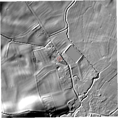Shaded relief map of the ground around SY59BX, computed from Environment Agency LiDAR. The ground here sits at about 130 m above sea level and falls 24 m across the surrounding 800 m. Surface water reaching this point runs off ground lying to the south-south-west, 18.3 m higher.