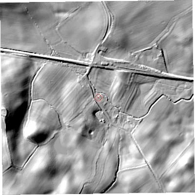 Shaded relief map of the ground around SY59DA, computed from Environment Agency LiDAR. The ground here sits at about 128 m above sea level and falls 26 m across the surrounding 800 m. Surface water reaching this point runs off ground lying to the south-west, 7.0 m higher.