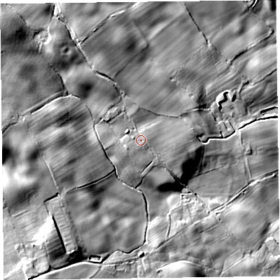 Shaded relief map of the ground around SY59DW, computed from Environment Agency LiDAR. The ground here sits at about 142 m above sea level and falls 34 m across the surrounding 800 m. Surface water reaching this point runs off ground lying to the west-south-west, 0.9 m higher.