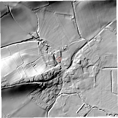 Shaded relief map of the ground around SY59HN, computed from Environment Agency LiDAR. The ground here sits at about 107 m above sea level and falls 29 m across the surrounding 800 m. Surface water reaching this point runs off ground lying to the north-west, 24.2 m higher.