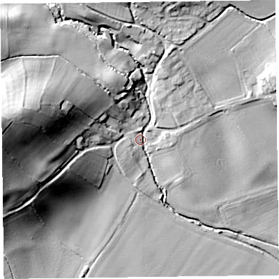 Shaded relief map of the ground around SY59HU, computed from Environment Agency LiDAR. The ground here sits at about 113 m above sea level and falls 45 m across the surrounding 800 m. Surface water reaching this point runs off ground lying to the west, 38.9 m higher.