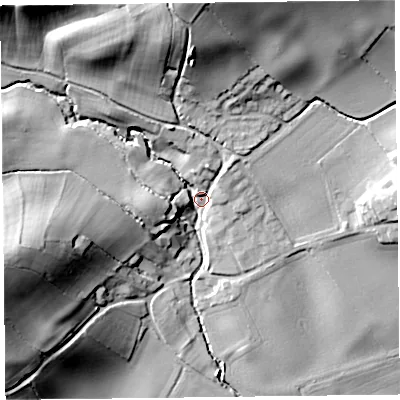 Shaded relief map of the ground around SY59HY, computed from Environment Agency LiDAR. The ground here sits at about 116 m above sea level and falls 42 m across the surrounding 800 m. Surface water reaching this point runs off ground lying to the north-west, 30.6 m higher.