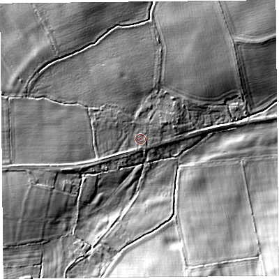 Shaded relief map of the ground around SY59LB, computed from Environment Agency LiDAR. The ground here sits at about 74 m above sea level and falls 18 m across the surrounding 800 m. Surface water reaching this point runs off ground lying to the south-west, 1.3 m higher.