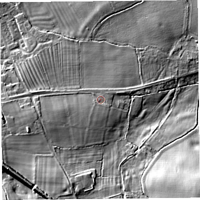 Shaded relief map of the ground around SY59LE, computed from Environment Agency LiDAR. The ground here sits at about 77 m above sea level and falls 21 m across the surrounding 800 m. Surface water reaching this point runs off ground lying to the south-south-west, 1.9 m higher.