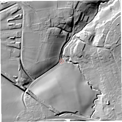 Shaded relief map of the ground around SY59LJ, computed from Environment Agency LiDAR. The ground here sits at about 67 m above sea level and falls 21 m across the surrounding 800 m. Surface water reaching this point runs off ground lying to the south-south-west, 14.5 m higher.