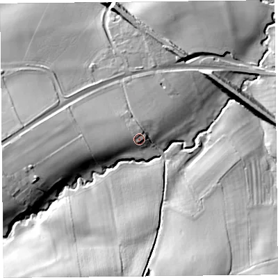 Shaded relief map of the ground around SY59LQ, computed from Environment Agency LiDAR. The ground here sits at about 80 m above sea level and falls 29 m across the surrounding 800 m. Surface water reaching this point runs off ground lying to the west, 4.4 m higher.