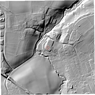 Shaded relief map of the ground around SY59NZ, computed from Environment Agency LiDAR. The ground here sits at about 71 m above sea level and falls 22 m across the surrounding 800 m. Surface water reaching this point runs off ground lying to the north-east, 3.6 m higher.