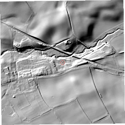 Shaded relief map of the ground around SY59PA, computed from Environment Agency LiDAR. The ground here sits at about 91 m above sea level and falls 21 m across the surrounding 800 m. Surface water reaching this point runs off ground lying to the south-south-west, 13.8 m higher.