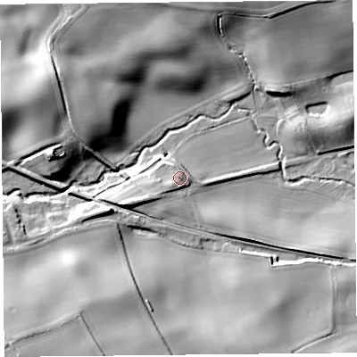 Shaded relief map of the ground around SY59PU, computed from Environment Agency LiDAR. The ground here sits at about 91 m above sea level and falls 23 m across the surrounding 800 m. Surface water reaching this point runs off ground lying to the south-west, 3.1 m higher.