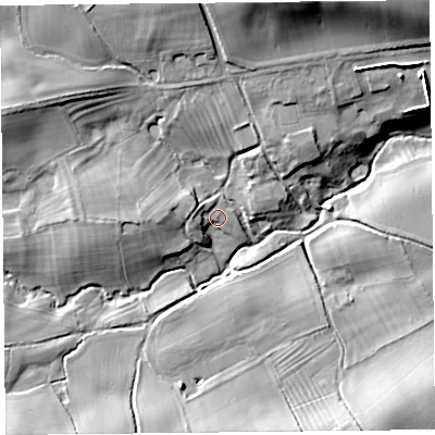Shaded relief map of the ground around SY59PZ, computed from Environment Agency LiDAR. The ground here sits at about 110 m above sea level and falls 23 m across the surrounding 800 m. Surface water reaching this point runs off ground lying to the west, 3.2 m higher.