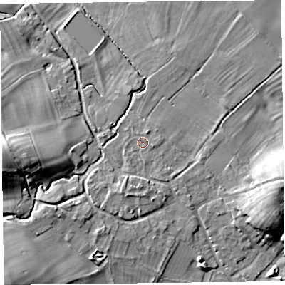 Shaded relief map of the ground around SY59QL, computed from Environment Agency LiDAR. The ground here sits at about 131 m above sea level and falls 26 m across the surrounding 800 m. Surface water reaching this point runs off ground lying to the east-south-east, 0.7 m higher.
