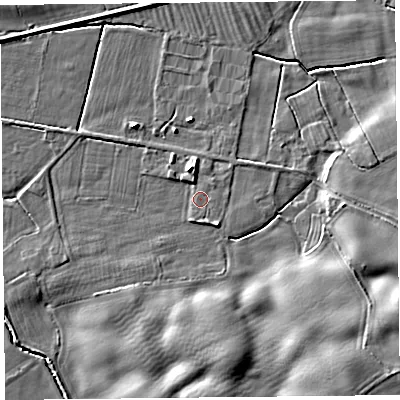 Shaded relief map of the ground around SY59QQ, computed from Environment Agency LiDAR. The ground here sits at about 117 m above sea level and falls 8 m across the surrounding 800 m. Surface water reaching this point runs off ground lying to the south-east, 7.0 m higher.