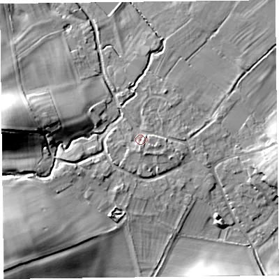 Shaded relief map of the ground around SY59QX, computed from Environment Agency LiDAR. The ground here sits at about 132 m above sea level and falls 34 m across the surrounding 800 m. Surface water reaching this point runs off ground lying to the south, 2.3 m higher.