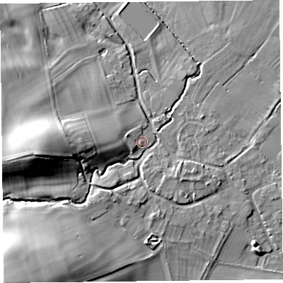 Shaded relief map of the ground around SY59QY, computed from Environment Agency LiDAR. The ground here sits at about 131 m above sea level and falls 36 m across the surrounding 800 m. Surface water reaching this point runs off ground lying to the south-west, 31.9 m higher.