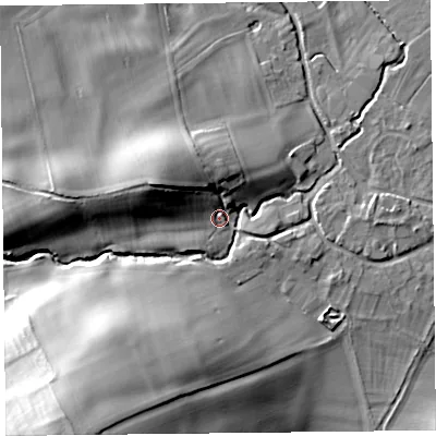 Shaded relief map of the ground around SY59RB, computed from Environment Agency LiDAR. The ground here sits at about 134 m above sea level and falls 45 m across the surrounding 800 m. Surface water reaching this point runs off ground lying to the south-west, 40.0 m higher.
