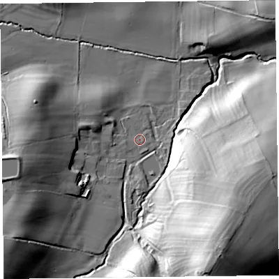 Shaded relief map of the ground around SY59RD, computed from Environment Agency LiDAR. The ground here sits at about 143 m above sea level and falls 50 m across the surrounding 800 m. Surface water reaching this point runs off ground lying to the south-south-west, 1.1 m higher.