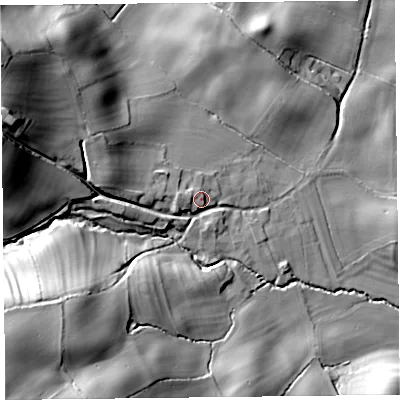 Shaded relief map of the ground around SY59RG, computed from Environment Agency LiDAR. The ground here sits at about 153 m above sea level and falls 44 m across the surrounding 800 m. Surface water reaching this point runs off ground lying to the west-north-west, 29.6 m higher.