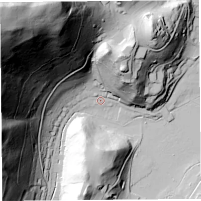 Shaded relief map of the ground around SY66AB, computed from Environment Agency LiDAR. The ground here sits at about 185 m above sea level and falls 193 m across the surrounding 800 m. Surface water reaching this point runs off ground lying to the north-north-east, 60.3 m higher.