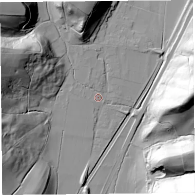 Shaded relief map of the ground around SY66AP, computed from Environment Agency LiDAR. The ground here sits at about 184 m above sea level and falls 83 m across the surrounding 800 m. Surface water reaching this point runs off ground lying to the north-north-west, 4.1 m higher.