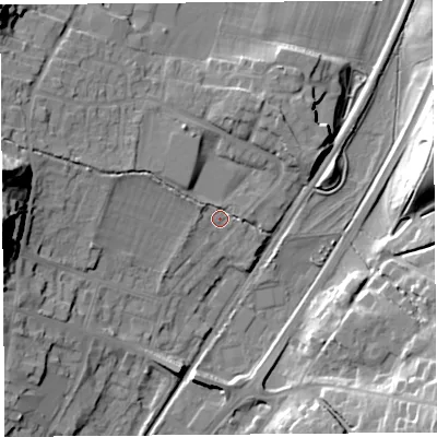 Shaded relief map of the ground around SY66AR, computed from Environment Agency LiDAR. The ground here sits at about 188 m above sea level and falls 32 m across the surrounding 800 m. Surface water reaching this point runs off ground lying to the west-north-west, 7.1 m higher.
