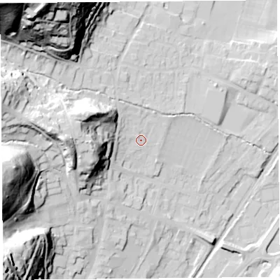 Shaded relief map of the ground around SY66AS, computed from Environment Agency LiDAR. The ground here sits at about 193 m above sea level and falls 80 m across the surrounding 800 m. Surface water reaching this point runs off ground lying to the west, 29.9 m higher.